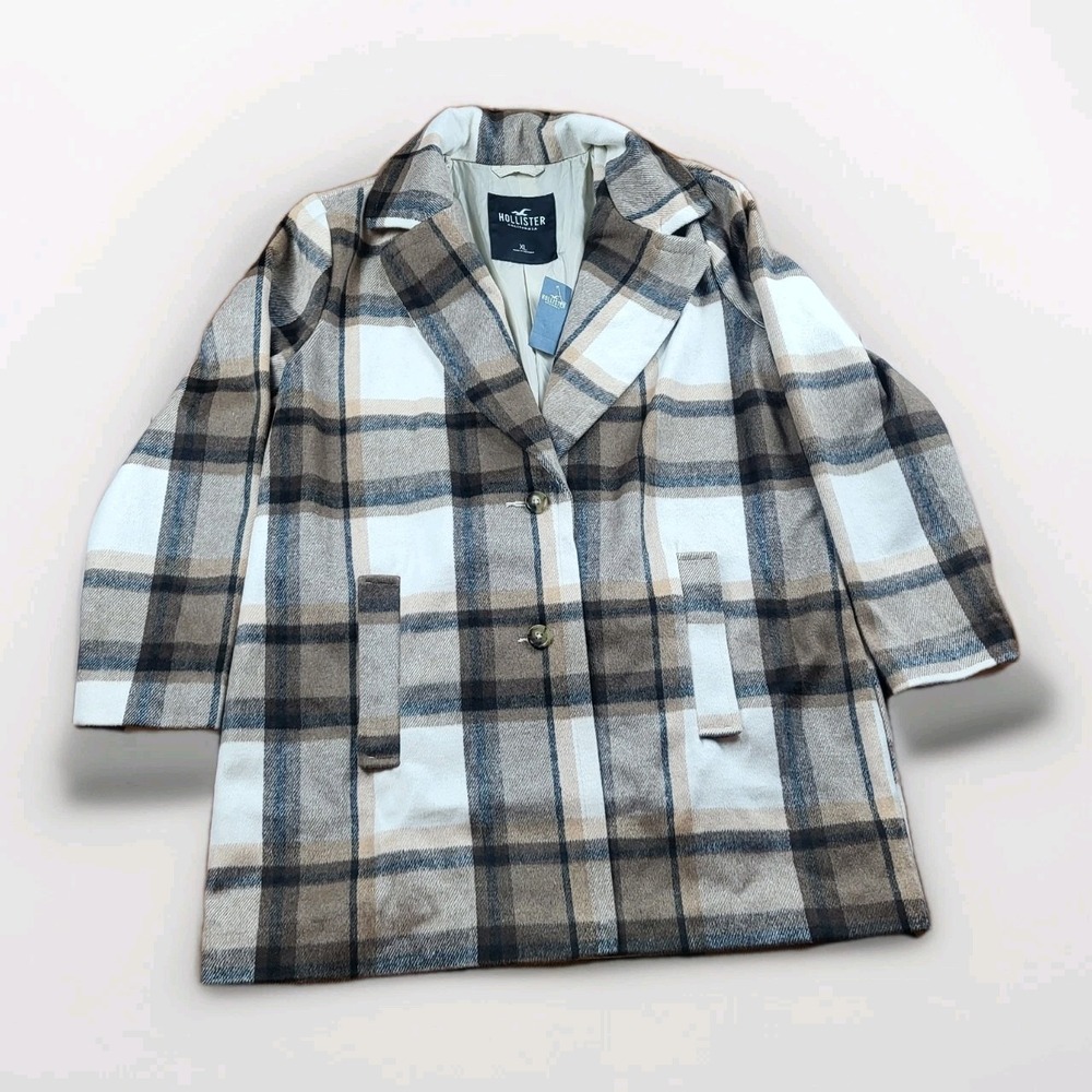 Hollister Women Plaid Car Coat Brown Tan Cream XL 344-451-1124-408 NWT